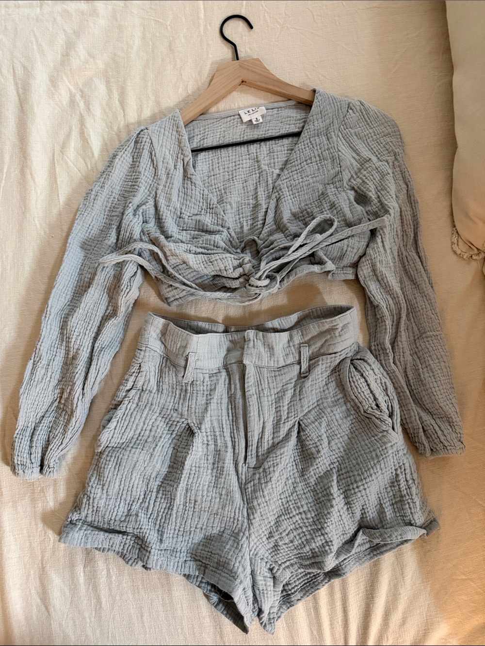 Le Lis Light Blue Two-Piece Gauze Crop Top & High-Waist Shorts Set - Size Small